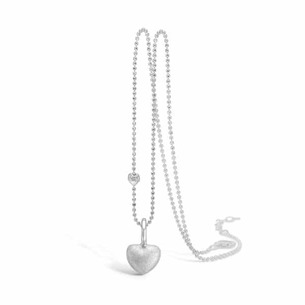 Blossom 14 kt hvidguld hjerte vedhæng med sølv halskæde, 45 cm