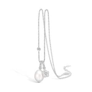 Blossom 14 kt hvidguld perle og blomster vedhæng med 2 brill i alt 0,02 ct, sølv halskæde, 80 cm
