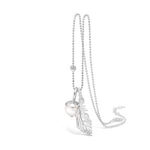 Blossom sølv halskæde rhod. med lille fjer og hvid perle, 80 cm