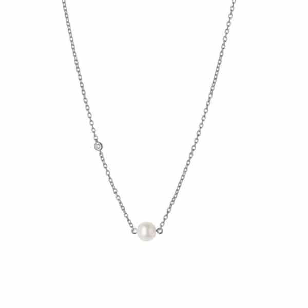 Bybiehl Coco sølv halskæde med perle og cubic zirkonia, 45 cm