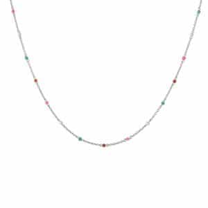 Bybiehl Scarlett sølv halskæde med perler, rød agat, grøn agat og pink jade 45 cm