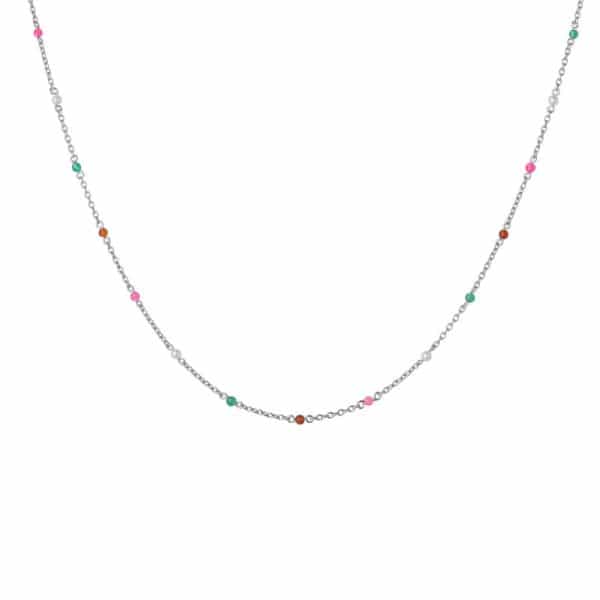 Bybiehl Scarlett sølv halskæde med perler, rød agat, grøn agat og pink jade 45 cm